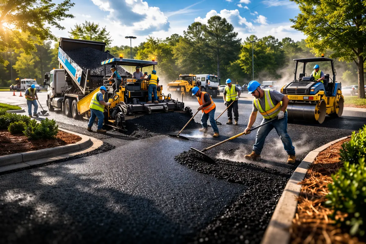 Professional pavers milling new and old asphalt
