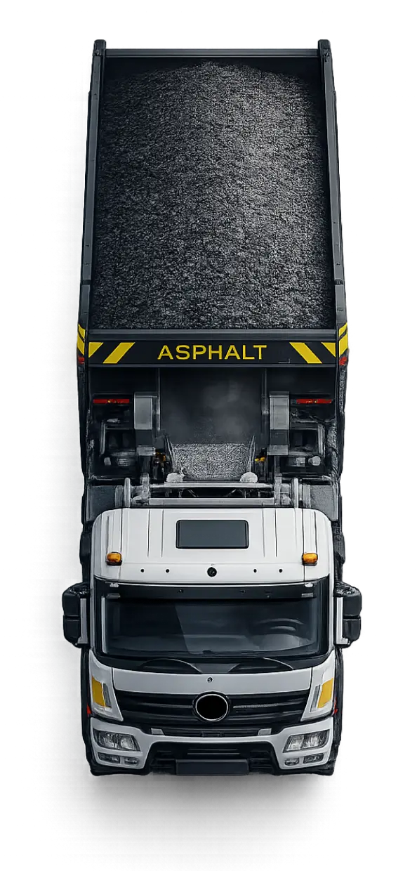 Asphalt paving truck delivering hot asphalt to a paving crew