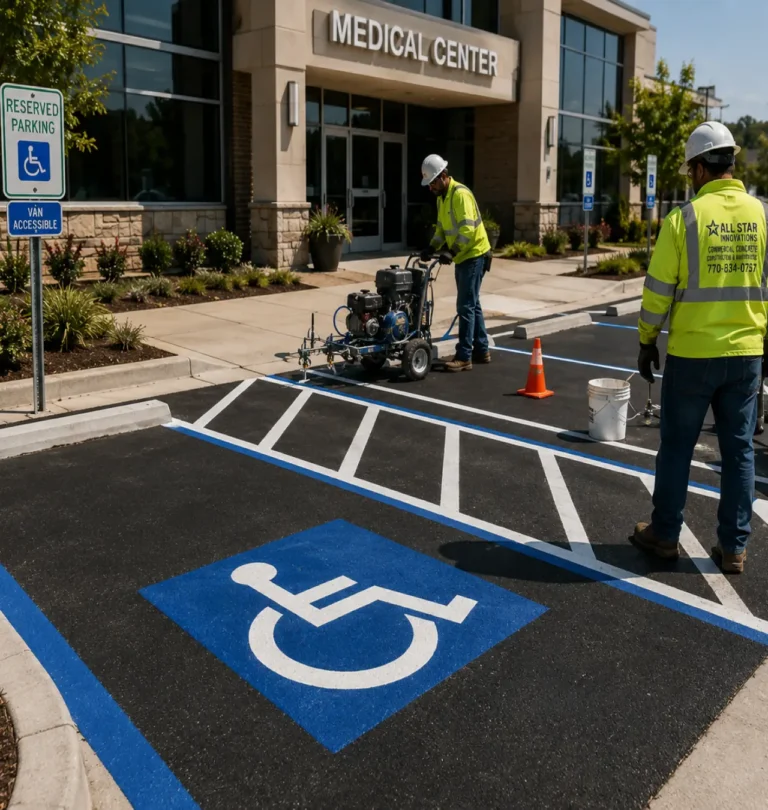 Commercial crew painting ADA parking spaces and access aisles outside a medical office