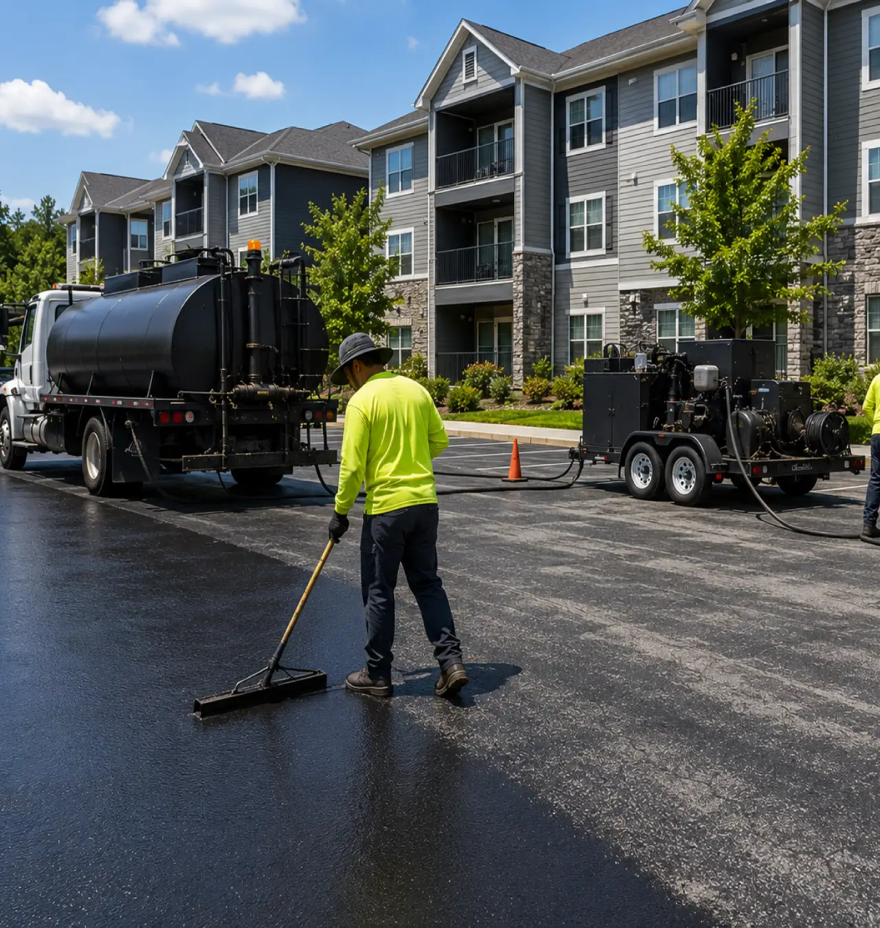 All Star Innovations crew applying sealcoating to an apartment complex parking lot using commercial equipment