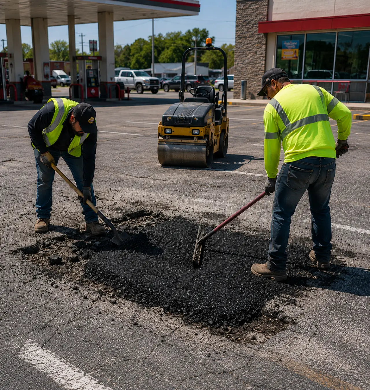 Commercial asphalt crew repairing a pothole in a gas station parking lot