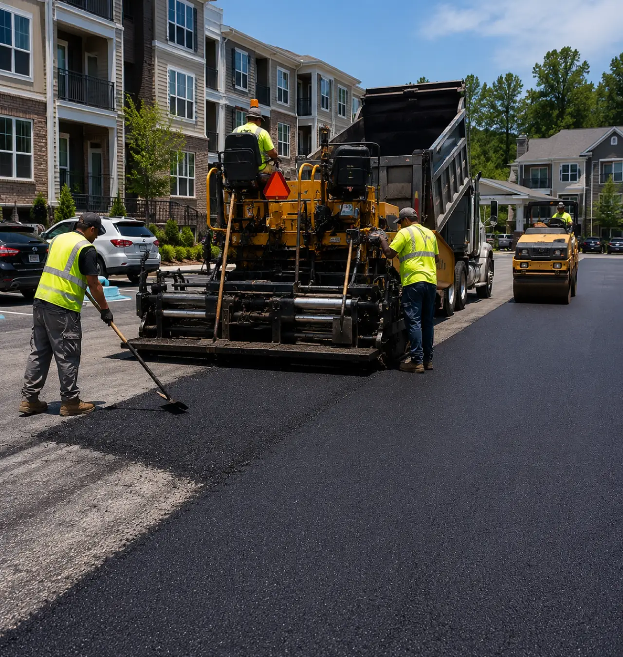 Commercial asphalt paving crew resurfacing an apartment complex parking lot