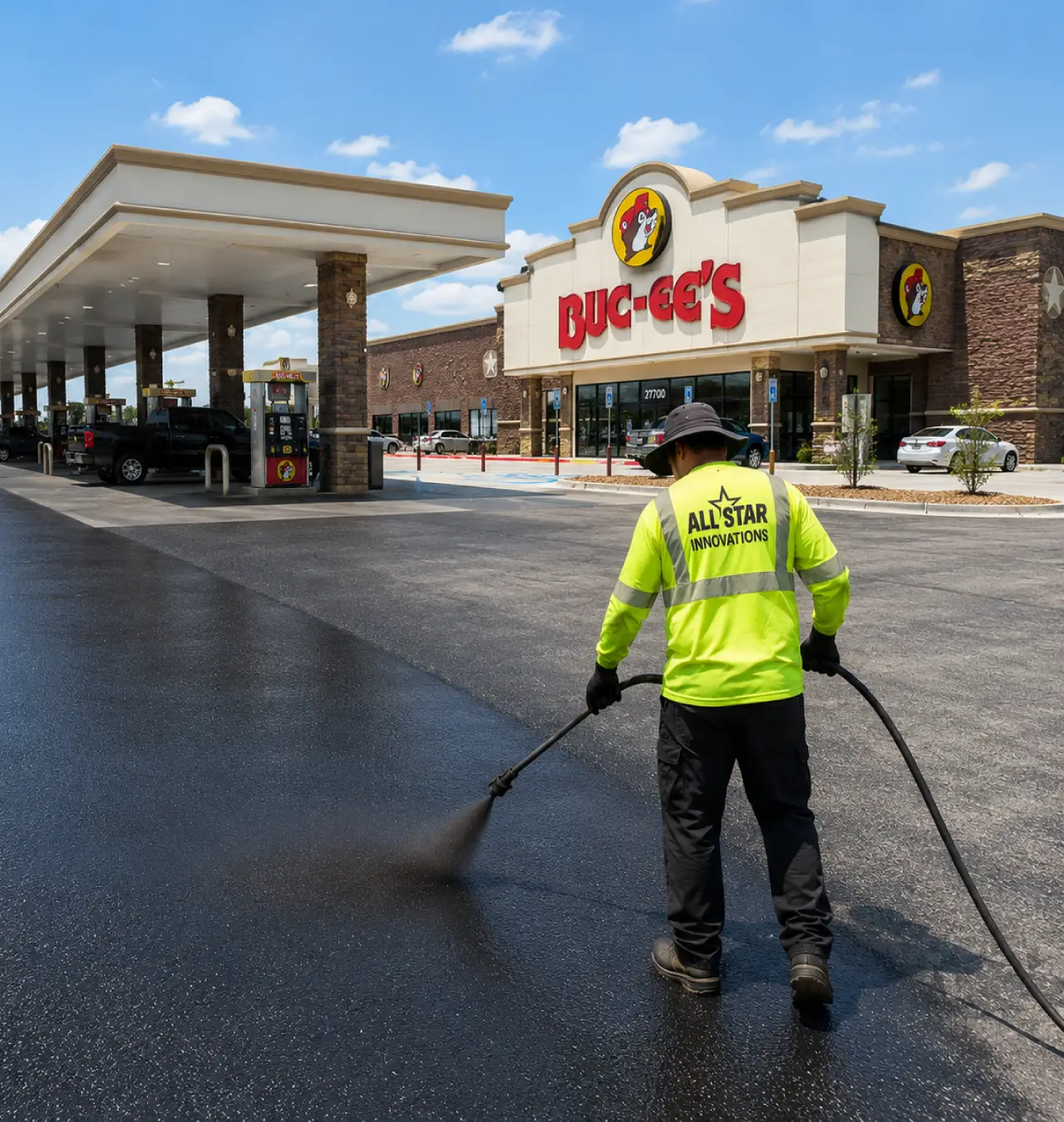 All Star Innovations crew applying asphalt sealcoating at a Buc-ee's gas station parking lot