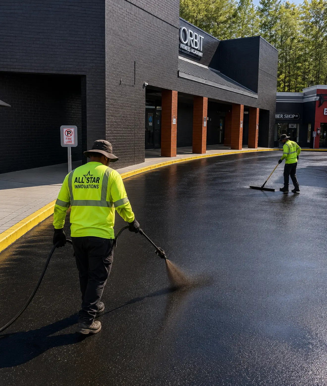 All Star Innovations crew applying sealcoating outside a commercial building